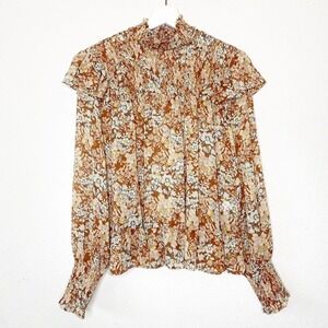 Moodie Metallic Gold and Rust Floral Smocked Ruffle Sleeve Swing Blouse S